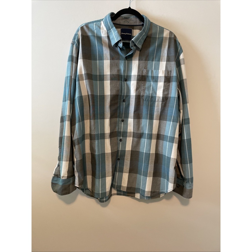Tommy Bahama XXL Tall Plaid Button Front Shirt Blue Gray Stretch